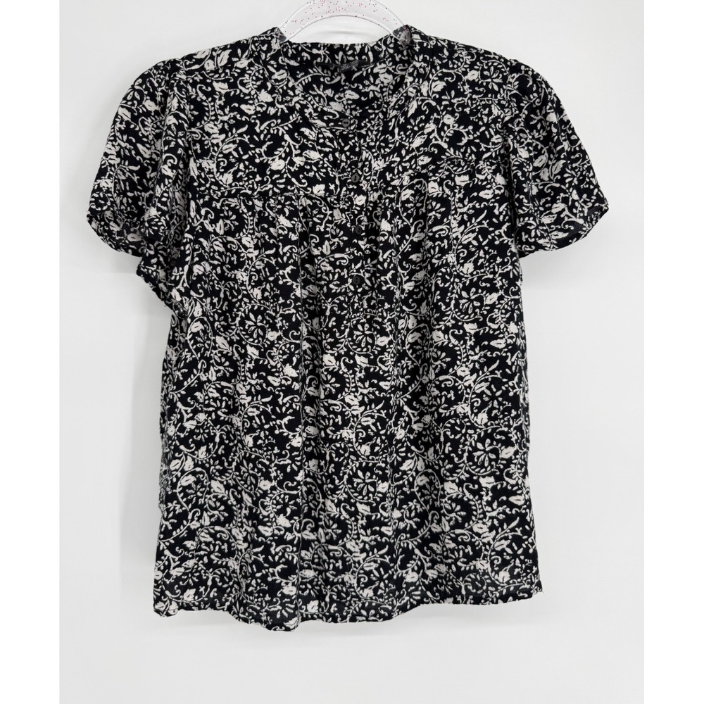 Lucky Brand Womens Black White Floral Paisley Viscose Split Neck Blouse Sz M